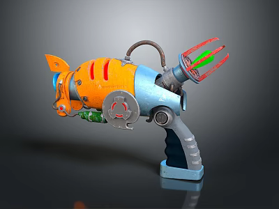 Futuristic Sci Fi Weapon With Orange Blue Body Mechanical Parts And Green Light Firing Mechanism 3d model