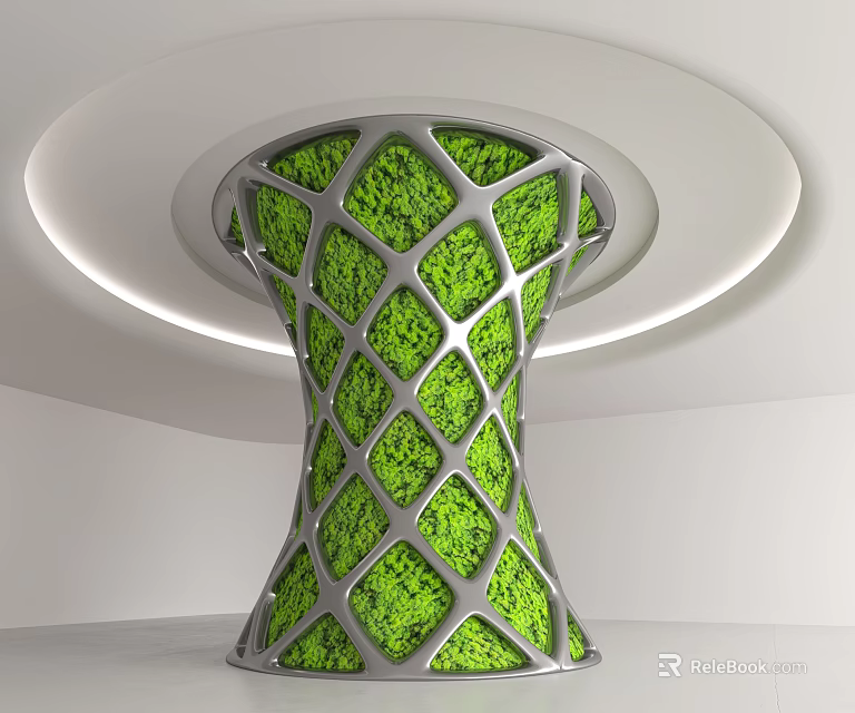 Modern Column With Green Moss Covered Metal Lattice Structure And White Curved Ceiling 3d model 