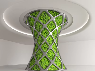 Modern Column With Green Moss Covered Metal Lattice Structure And White Curved Ceiling 3d model