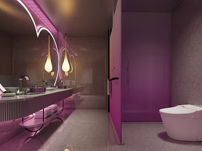 Hotel Bathroom Modern Interior Design With Purple Mirror Pendant Lights Vanity And Smart Toilet 3d model