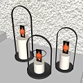 Lantern Shaped Decorative Ornament Set With Black Frame Transparent Glass And Lit Candles