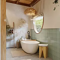 Serene Bathroom Interior With Wooden Ceiling Rattan Pendant Light Green Plant Round Mirror And White Sink