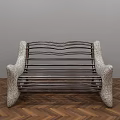 Unique Public Bench With Curved Speckled Arms And Metal Slats On Herringbone Wooden Floor
