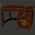 Red Wooden Desk With Drawer And Golden Pattern Cabinet For Home Use