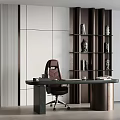 Modern Dark Desk and Red Leather Chair with Bookshelf Sculptures Near White Vertical Striped Wall