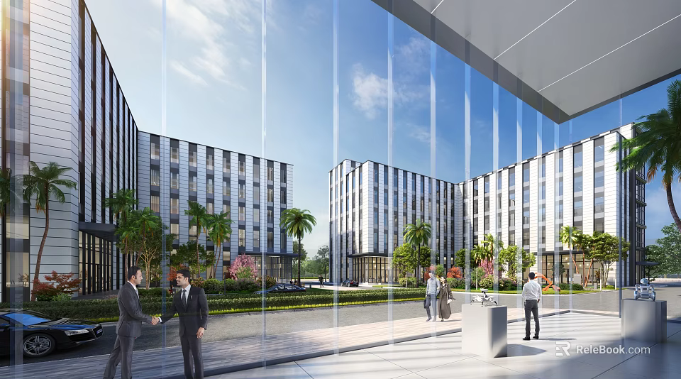 Modern Glass Office Building Exterior With Palm Trees And People Interacting In Courtyard 3d model 