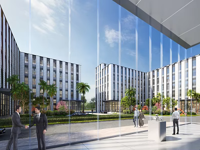 Modern Glass Office Building Exterior With Palm Trees And People Interacting In Courtyard 3d model