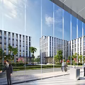 Modern Glass Office Building Exterior With Palm Trees And People Interacting In Courtyard