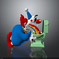 Colorful Clown In Blue Outfit With Red Nose Kneeling By Green Toilet With Rainbow