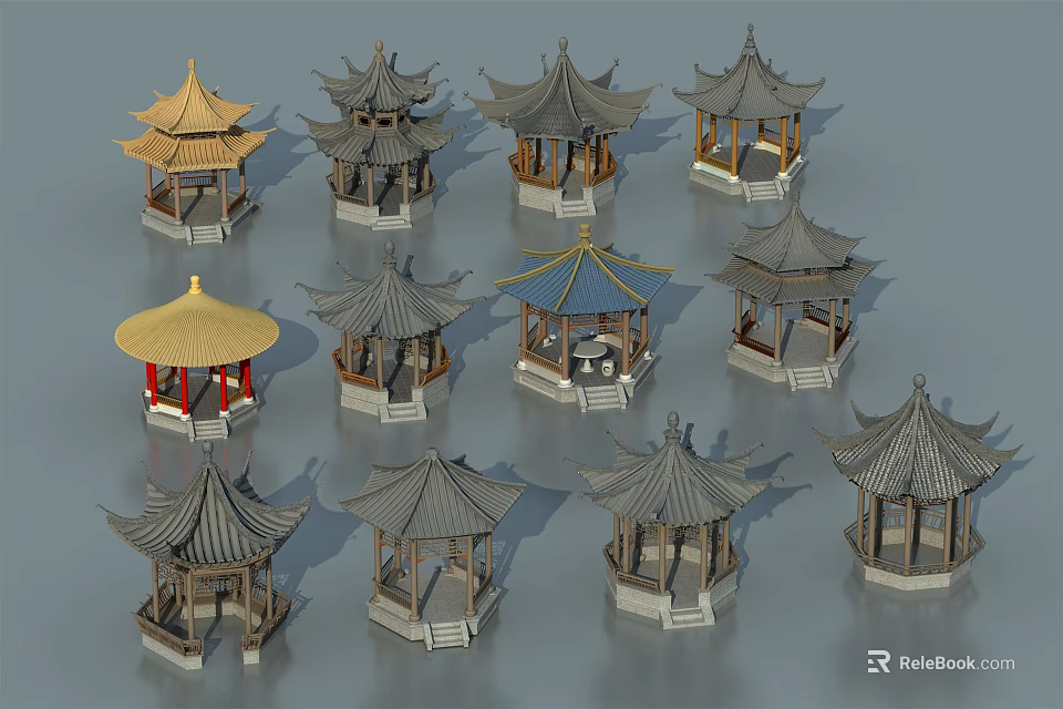 Chinese Traditional Pavilion Models Featuring Multiple Roof Designs And Classic Styles 3d model 