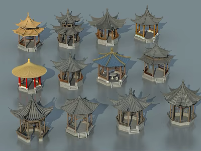Chinese Traditional Pavilion Models Featuring Multiple Roof Designs And Classic Styles 3d model