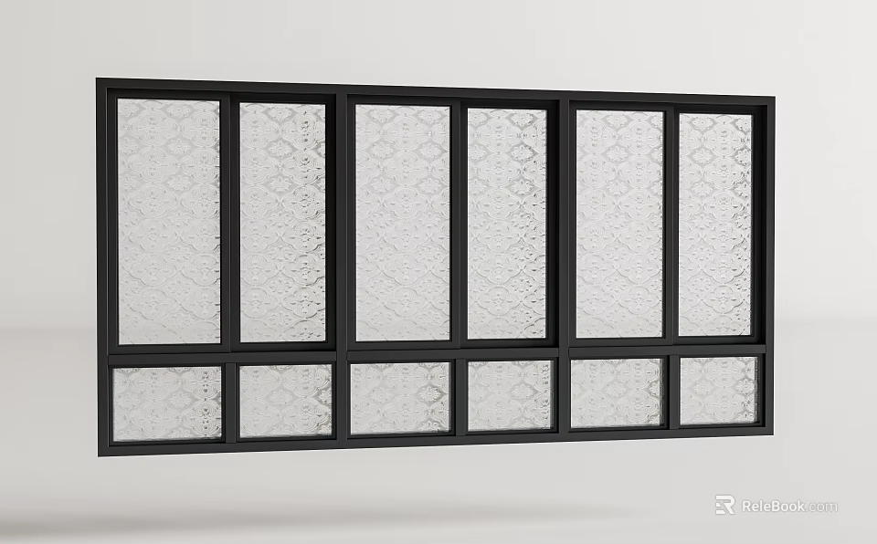 Modern Casement Window With Black Frame And Multiple Textured Glass Panels 3d model 