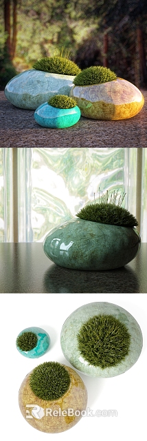 Grass Like Plants In Green Round Textured Vase For Modern Interior Decoration With Natural Light 3d model 