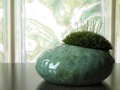 Grass Like Plants In Green Round Textured Vase For Modern Interior Decoration With Natural Light 3d model