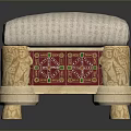 Traditional Decorative Stool With Beige Upholstered Seat Red Panels Green Patterns And Carved Legs