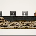 Modern Reception Desk With Three Computer Monitors Fragrance Bottle Stone Countertop And Logo