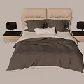 Modern Double Bed With Light Gray Headboard Pillows And Black Table Lamps On Wooden Floor