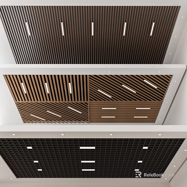 Modern Ceiling Design With Wooden Slats Grid Pattern And Recessed Lighting 3d model 