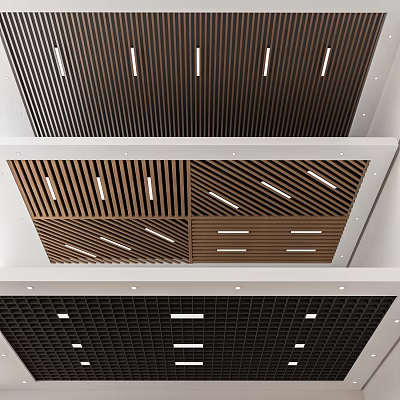 Modern Ceiling Design With Wooden Slats Grid Pattern And Recessed Lighting 3d model
