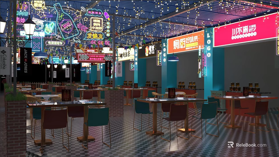 Vibrant Indoor Food Court With Neon Signs Tables Chairs And Colorful Lights 3d model 