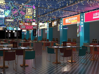 Vibrant Indoor Food Court With Neon Signs Tables Chairs And Colorful Lights 3d model