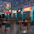 Vibrant Indoor Food Court With Neon Signs Tables Chairs And Colorful Lights