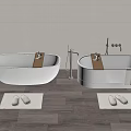 White Freestanding Bathtubs with Wooden Trays Slippers on Mats Light Tiled Walls Wooden Flooring