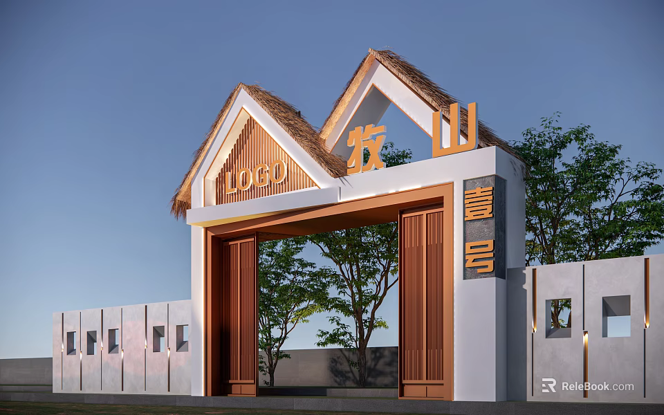 Traditional Chinese Entrance Gate With Thatched Roof Wooden Frame Longshan Yahao And Trees 3d model 