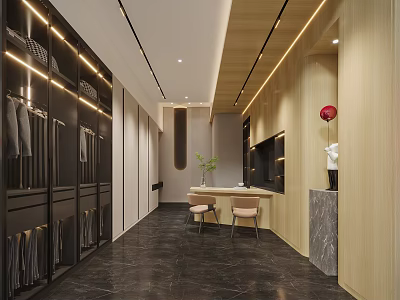 Modern Walk-in Closet Interior Design With Wooden Elements Black Floor Clothing Racks And Dressing Stools 3d model