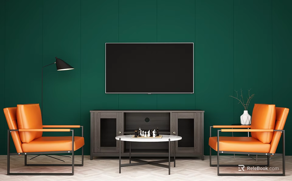 Modern TV Stand Featuring Black TV Orange Chairs And Green Wall Interior 3d model 