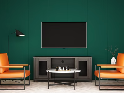 Modern TV Stand Featuring Black TV Orange Chairs And Green Wall Interior 3d model