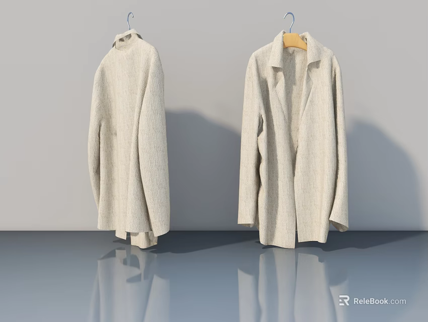 Two Hinged Doors Display With Buttoned Collar And Lapel Design On Hangers Against Grey Wall 3d model 
