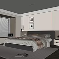 Modern Bedroom Interior With Large Bed Nightstand Wall Paintings Blinds Wooden Floor And Rug