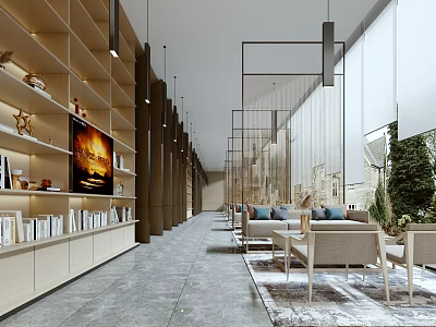 Modern Lounge Area Interior with Wooden Bookshelves Books Decorations Sofa Chairs Gray Tiled Floor Plants 3d model