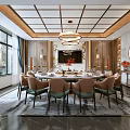 Chinese Style Private Dining Room Interior With Round Table Chairs Ceiling Design Chandelier And Decorations 3d model