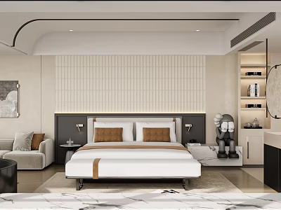 Modern Hotel Guest Room With White Bed Brown Pillows Textured Headboard Sofa And Open Shelves 3d model