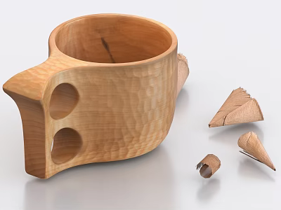 Textured Wooden Cup With Double Hole Handle And Broken Wood Pieces 3d model