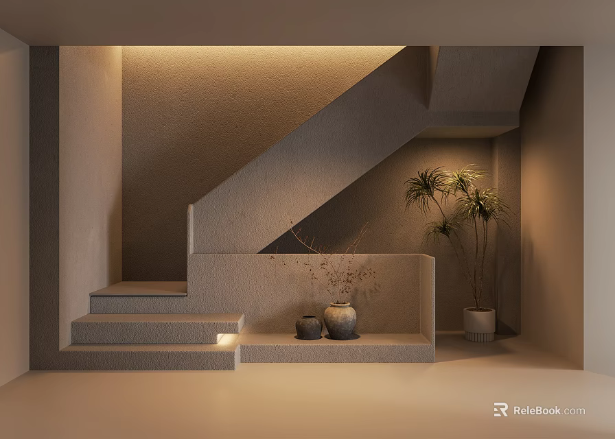 Modern Staircase Interior With Beige Gray Tones Soft Lighting Decorative Vases And Plant 3d model 