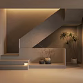 Modern Staircase Interior With Beige Gray Tones Soft Lighting Decorative Vases And Plant
