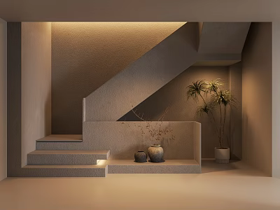 Modern Staircase Interior With Beige Gray Tones Soft Lighting Decorative Vases And Plant 3d model