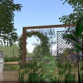 Beautiful Lush Outdoor Garden Landscape With Wooden Arch And Greenery Under Clear Bright Blue Sky