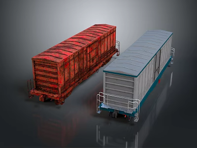 Red Striped Rustic And Gray Roof White Blue Freight Train Cars Design 3d model