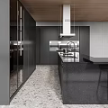 Modern Kitchen Interior With Wooden Ceiling Black Cabinets Island And Large Windows