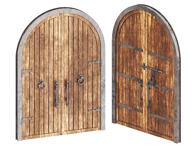 Classic Rustic Wooden Arched Doors With Metal Hardware And Gray Frames 3d model