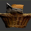 Woven Basket With Sliced Bread And White Egg On Dark Background 3d model