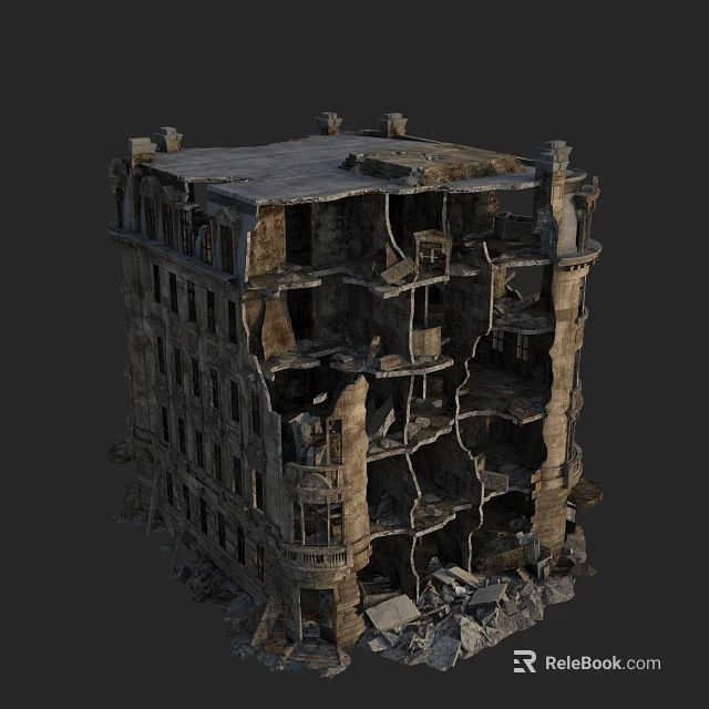 Multi Story Ruined Building With Collapsed Floors Broken Walls And Debris 3d model 