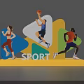 Sport Art Installation With Running Basketball Figures And Colorful Geometric Shapes On Yellow Base