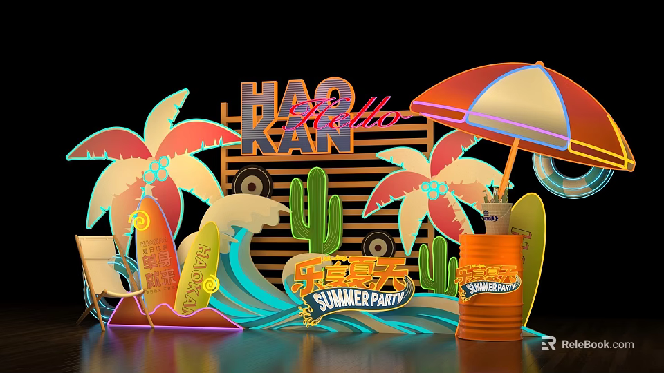 Summer Party Photo Spot With Neon Signs Palm Trees Cactus Surfboards And Colorful Umbrella 3d model 