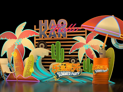 Summer Party Photo Spot With Neon Signs Palm Trees Cactus Surfboards And Colorful Umbrella 3d model