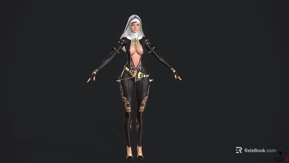 Female Game and Movie Character in Black Tight Outfit With Gold Accents and White Headscarf 3d model 